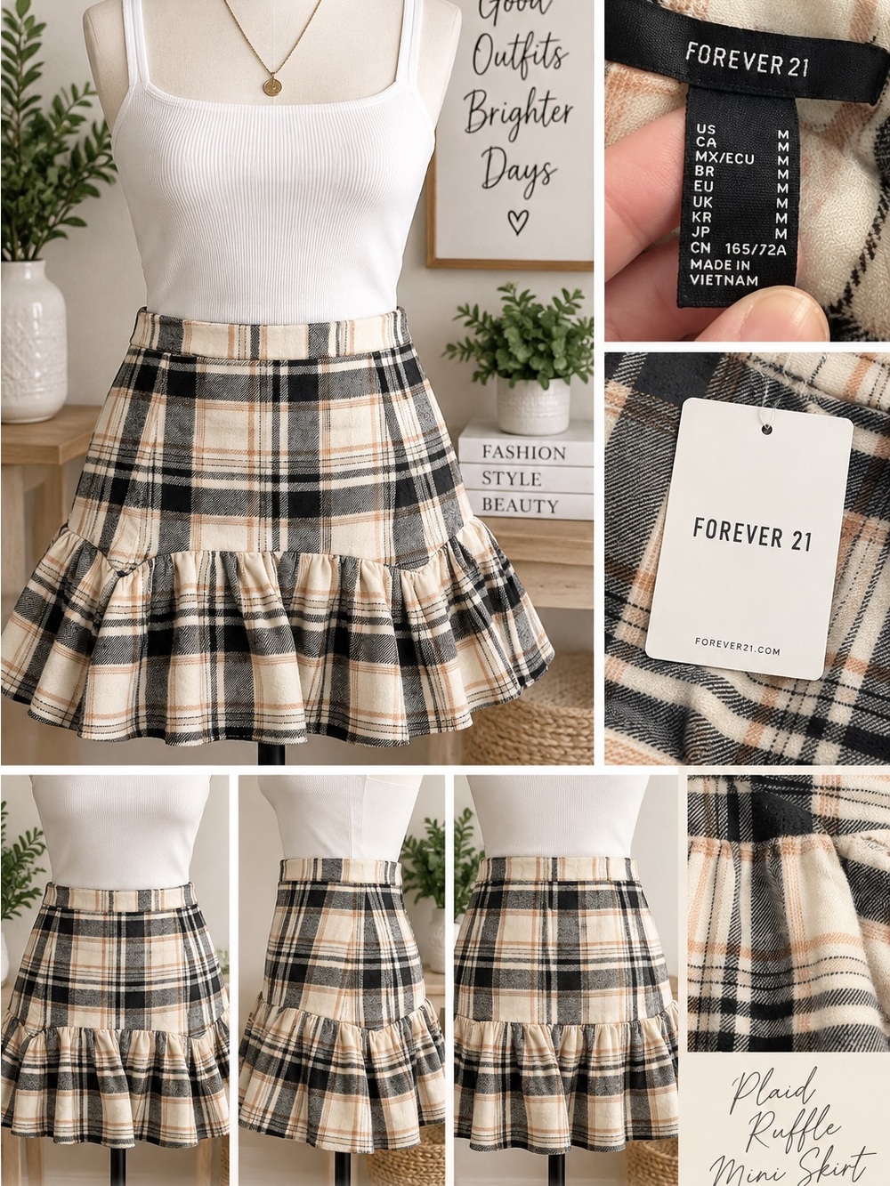 Forever 21 Cream, Black & Tan Plaid Ruffle Mini Skirt